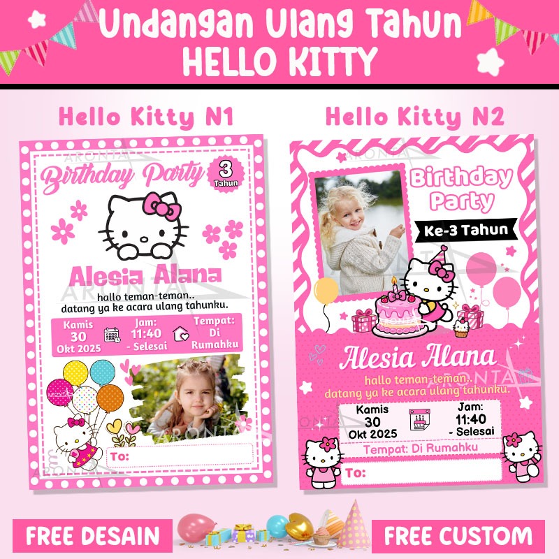 (COD) Kartu Undangan Ulang Tahun Anak Custom - Undangan Ulang Tahun HELLO KITTY - Undangan Ultah Ana