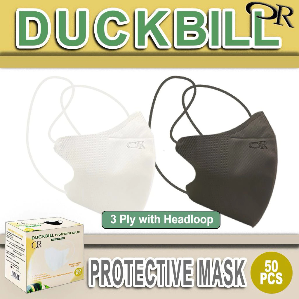 Masker Duckbill Headloop Hijab Merk OR 3ply Dewasa Tali ikat Kepala 1 Box isi 50 Or 3D Disposable FaceMask Face Mask Earloop Duck Bill Embos Or Ringan Nafas Enteng Anti Debu Polusi Droplet Tali Elastis Nyaman Diwajah Hitam Putih 1 Box ISI 50 PCS  by orlee