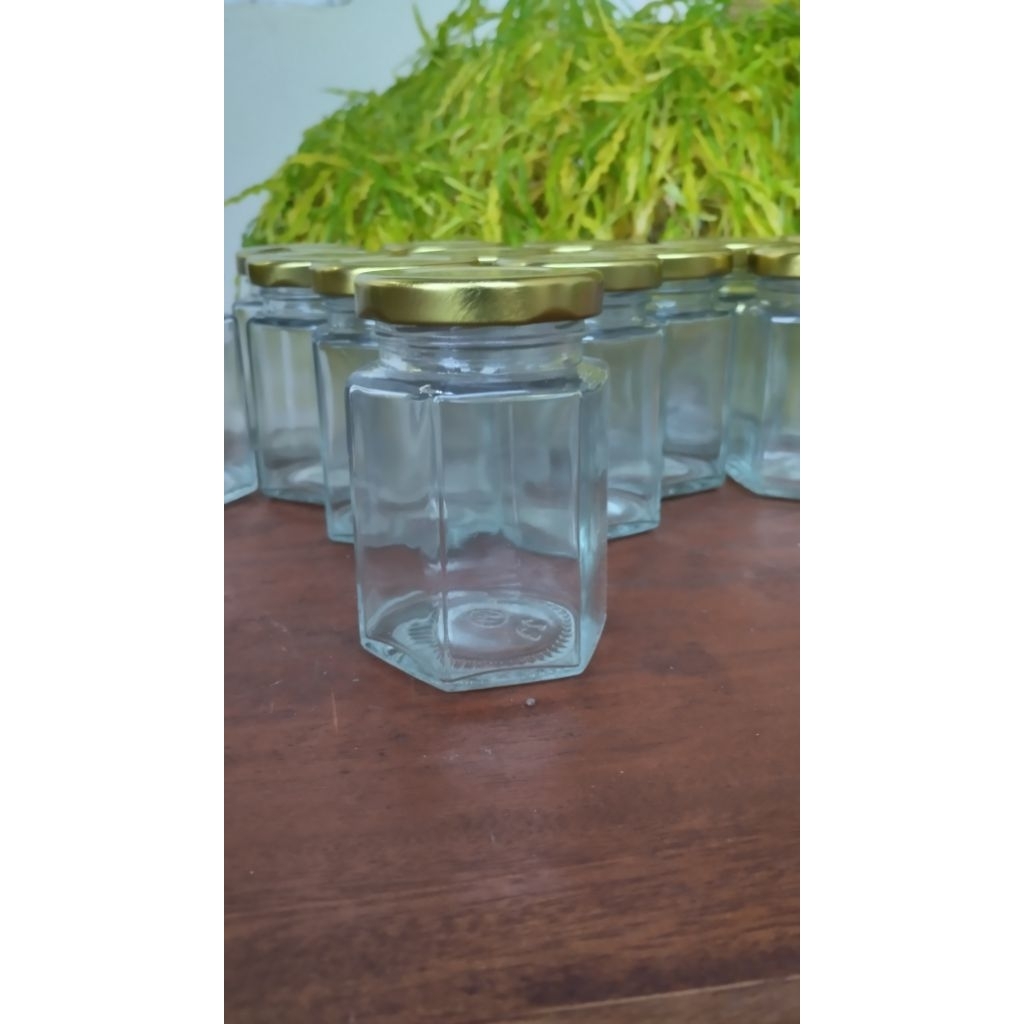 Toples wadah bumbu, jar madu kaca, jar kaca hexagonal 100 mL