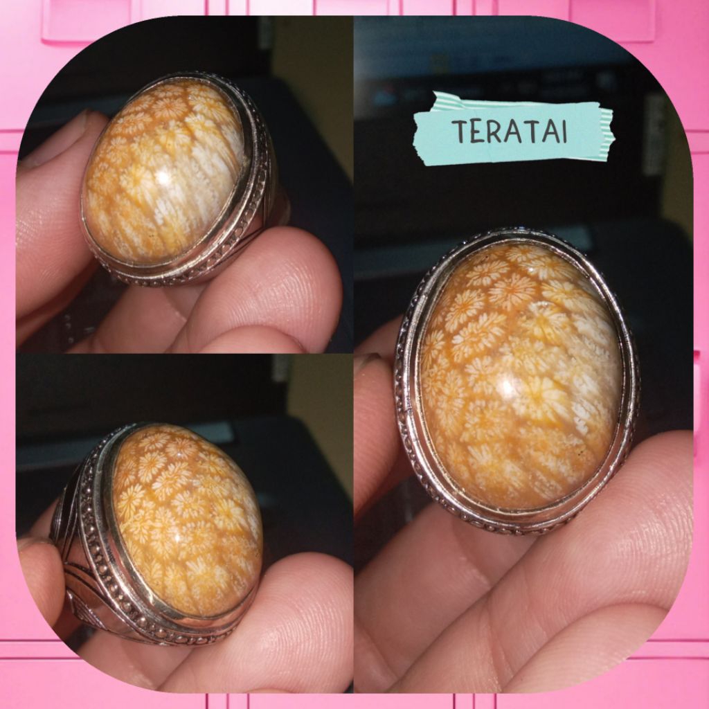 Cincin batu teratai asli natural coral gemstone