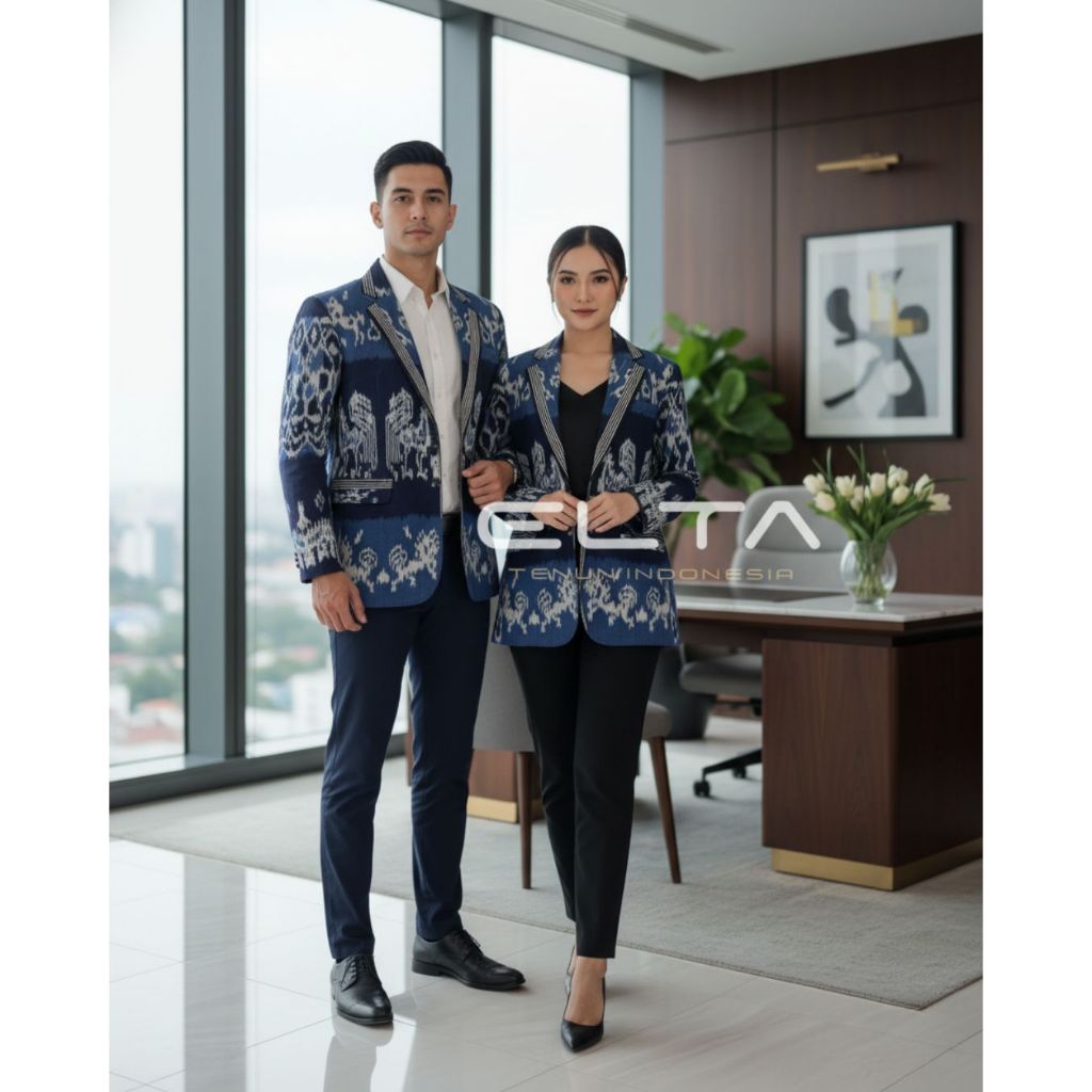 ELTA TENUN “Blazer Tenun Pria Wanita Couple Jas Tenun Modern Kantor Motiv NTT Etnik Navy”