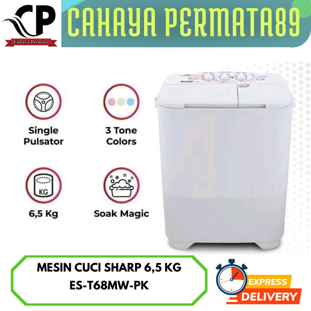 SHARP ES-T68MW MESIN CUCI 6,5 KG 2 TABUNG S-T68MW-PK SINGLE PULSTATOR WITH SOAK MAGIC