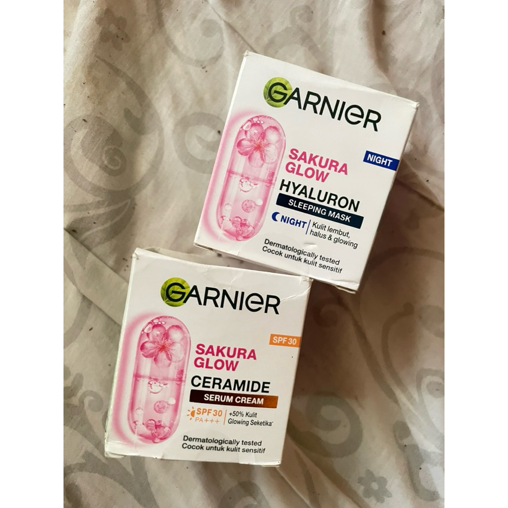 PRELOVED GARNIER Sakura Glow Ceramide Skin Barrier Simple Set Day Cream & Night Cream 50 ml Krim Sia