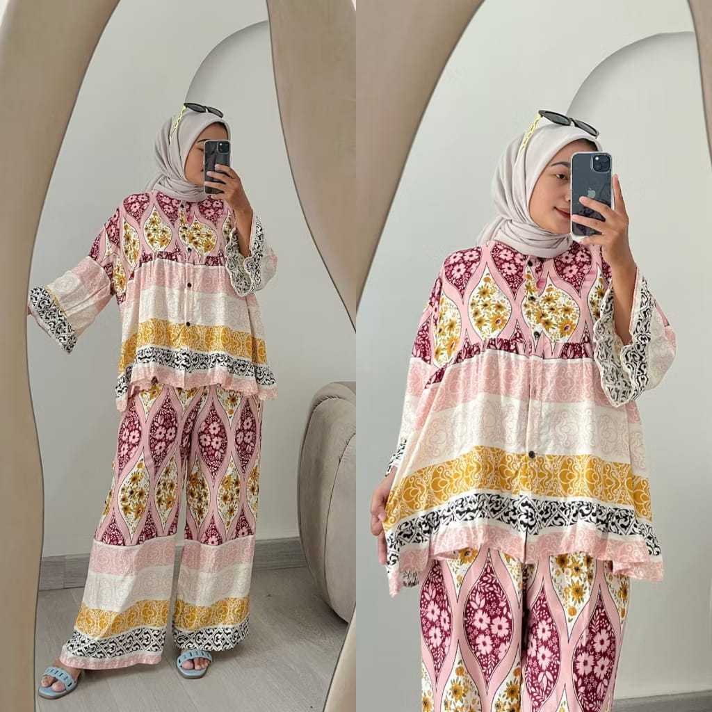 HANIA SET RAYON LENGAN PENDEK CELANA 7/8 JUMBO LD 120 // ONE SET BUSUI // SET PENDEK KANCING BUSUI /