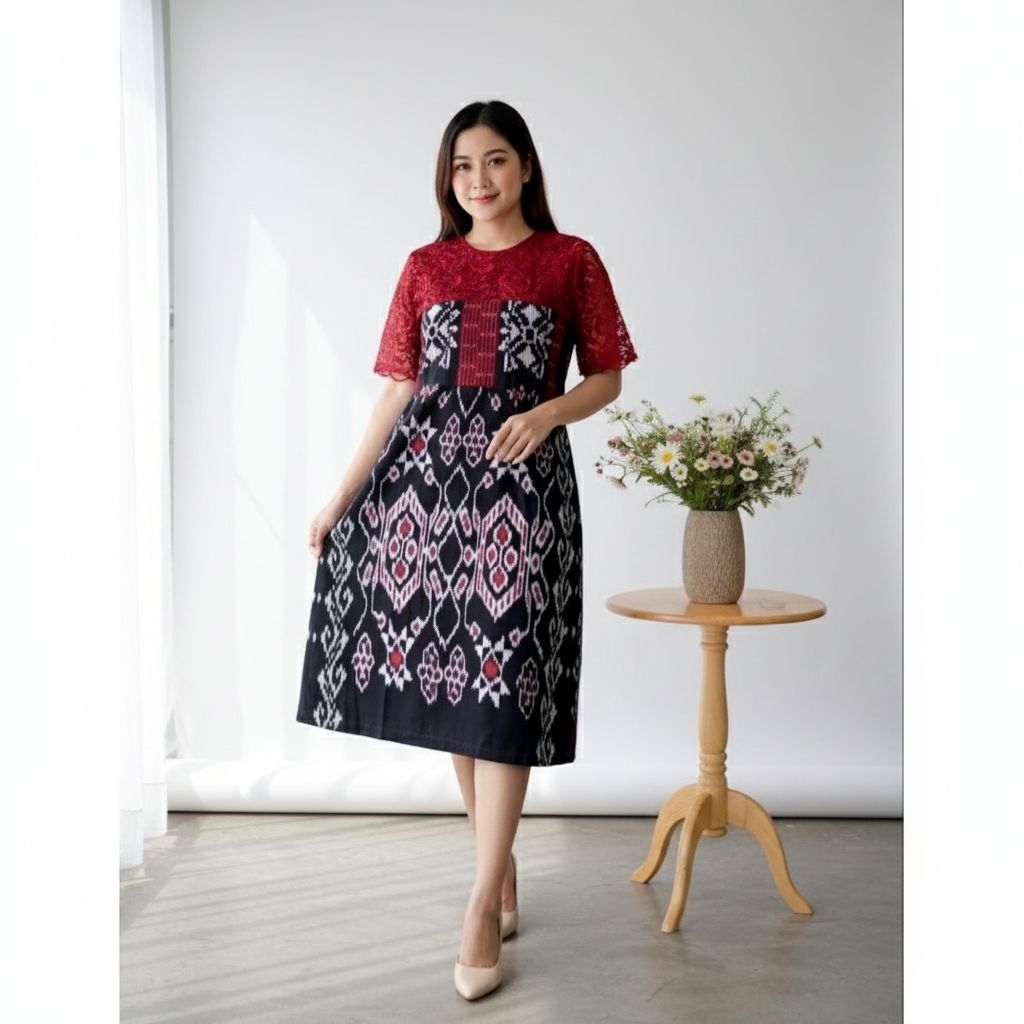 dress tenun etnik motif kepiting mix brokat