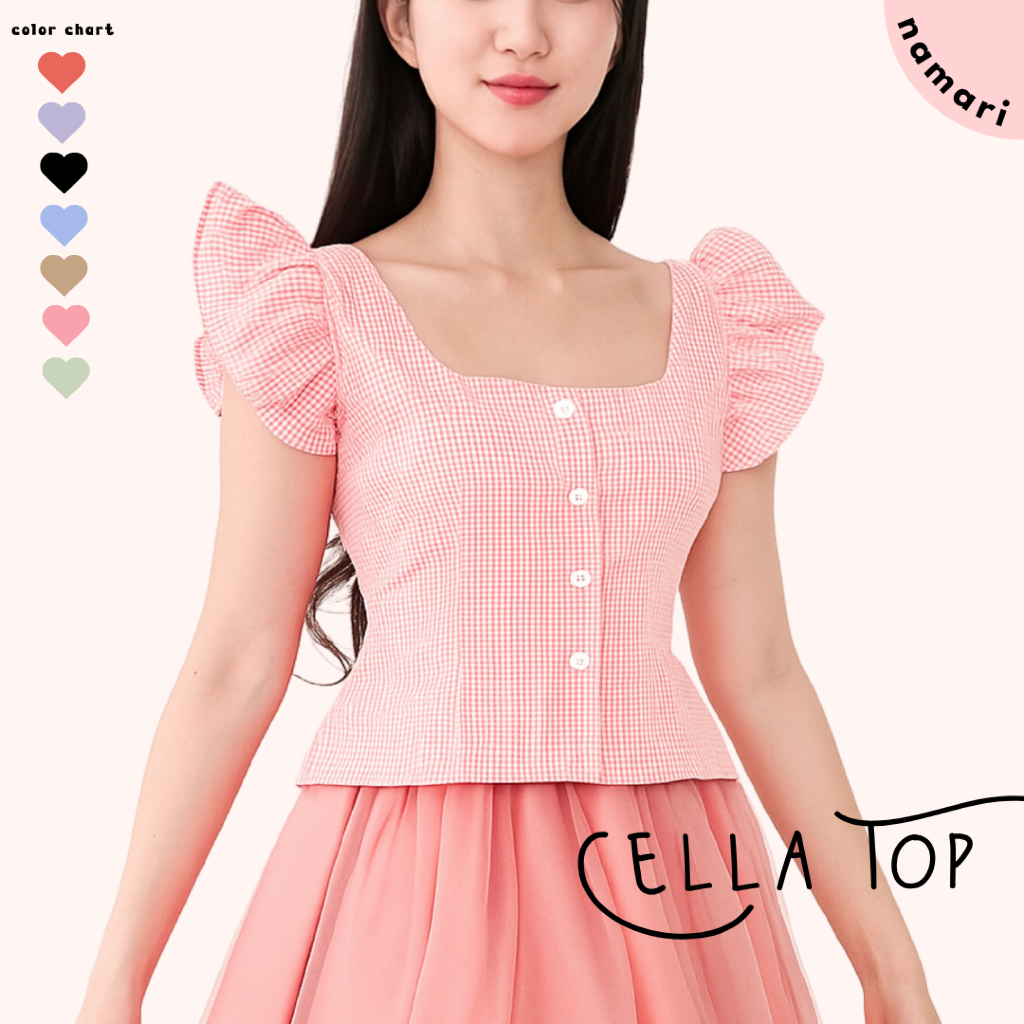 NAMARI - Cella Top - Baju Blouse Blus Croptop Korean Rempel Ruffle Kotak Plaid Wanita