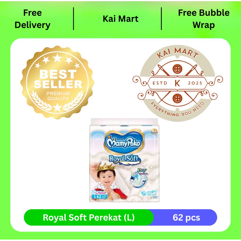 Pampers MamyPoko Royal Soft Ukuran L 62 Perekat Mamy Poko