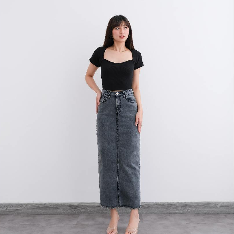 Rok Jeans Span Panjang Reiko Rok Wanita Stretch Melar Rok Denim Skirt Jeans Premium