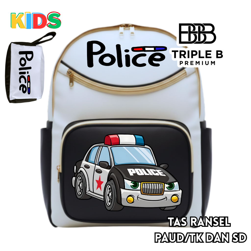 FREE POUCH TAS RANSEL ANAK BACKPACK ANAK LAKI-LAKI TK/PAUD DAN SD MOBIL POLISI PREMIUM QUALITY