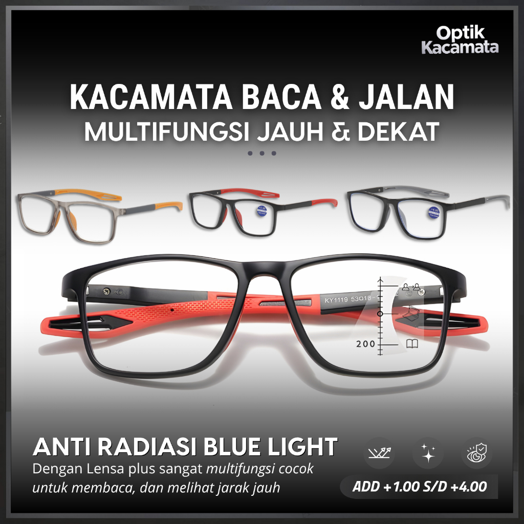 Kacamata Baca Jalan Lensa Plus Auto Focus Anti Radiasi Sport Glasses Unisex Premium Original
