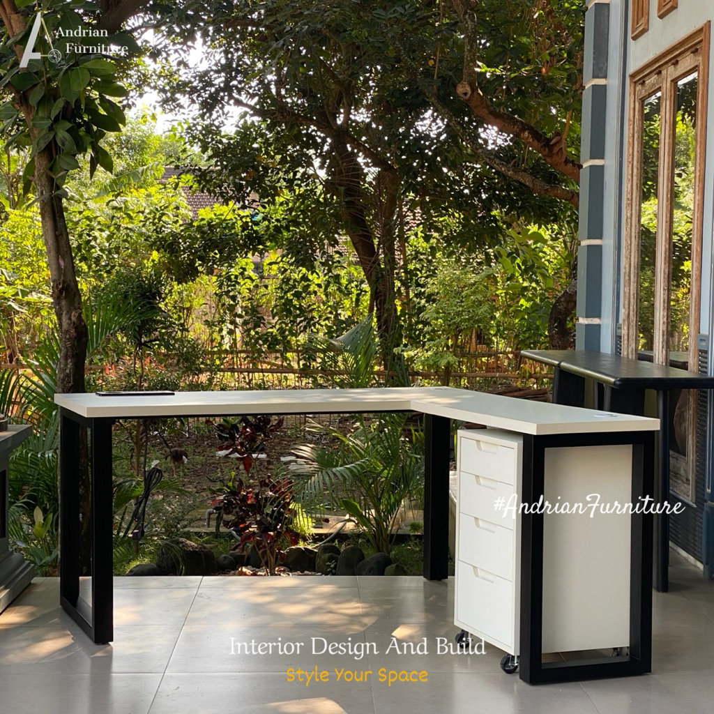 Meja Kerja / Kantor Letter L Shape Minimalis Modern Fin. HPL Kaki Besi