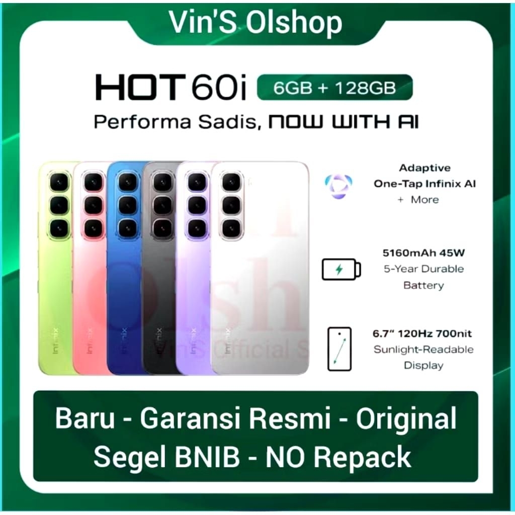 Infinix Hot 60i RAM [ 8 / 256 GB ] KAMERA 50 MP + 8 MP battrey 5160 mAh+ 45W Gransi Indonesia