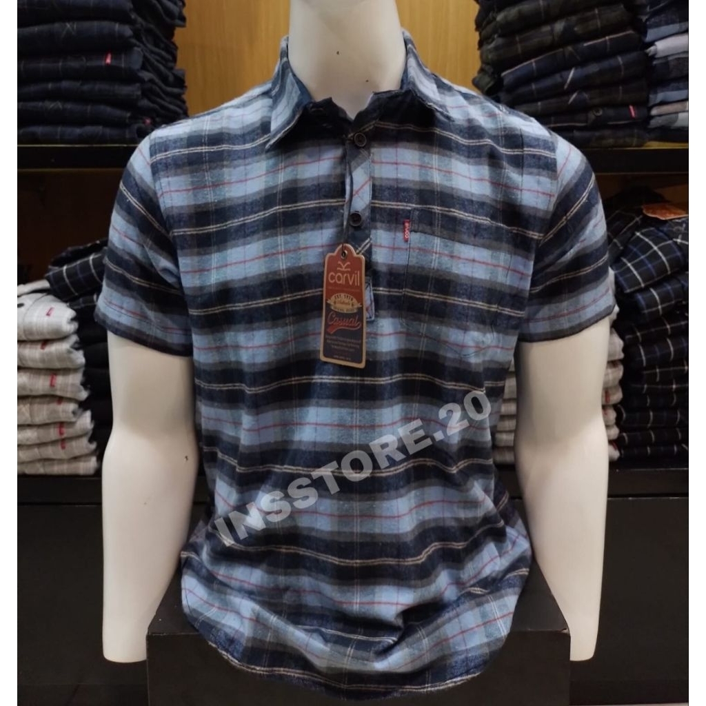 KEMEJA FLANEL PRIA CARVIL JEANS ORIGINAL SLIM WARNA BIRU LENGAN PENDEK KUALITAS PREMIUM