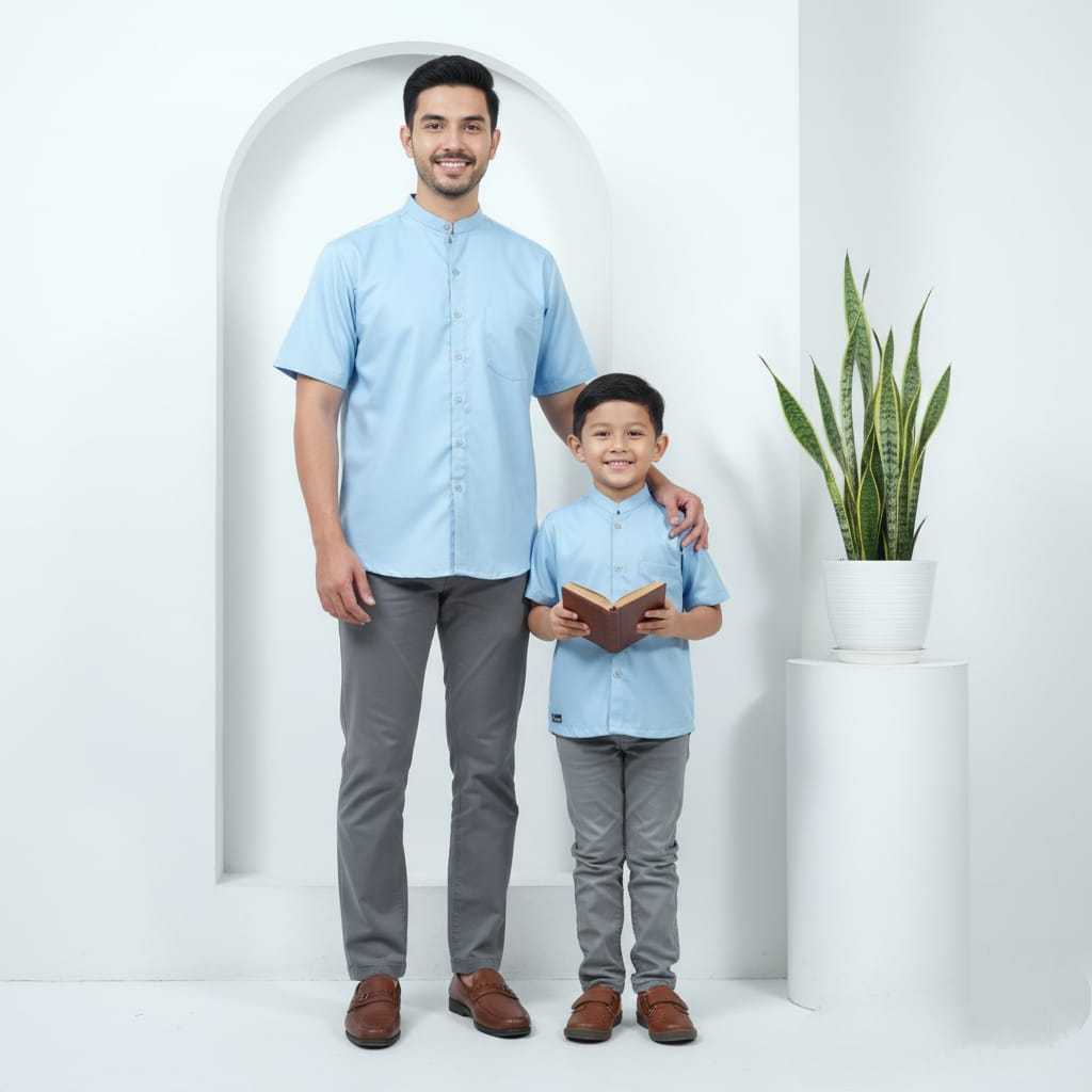 Kemeja Koko Couple Ayah Dan Anak Laki Laki Muslim Biru Muda
