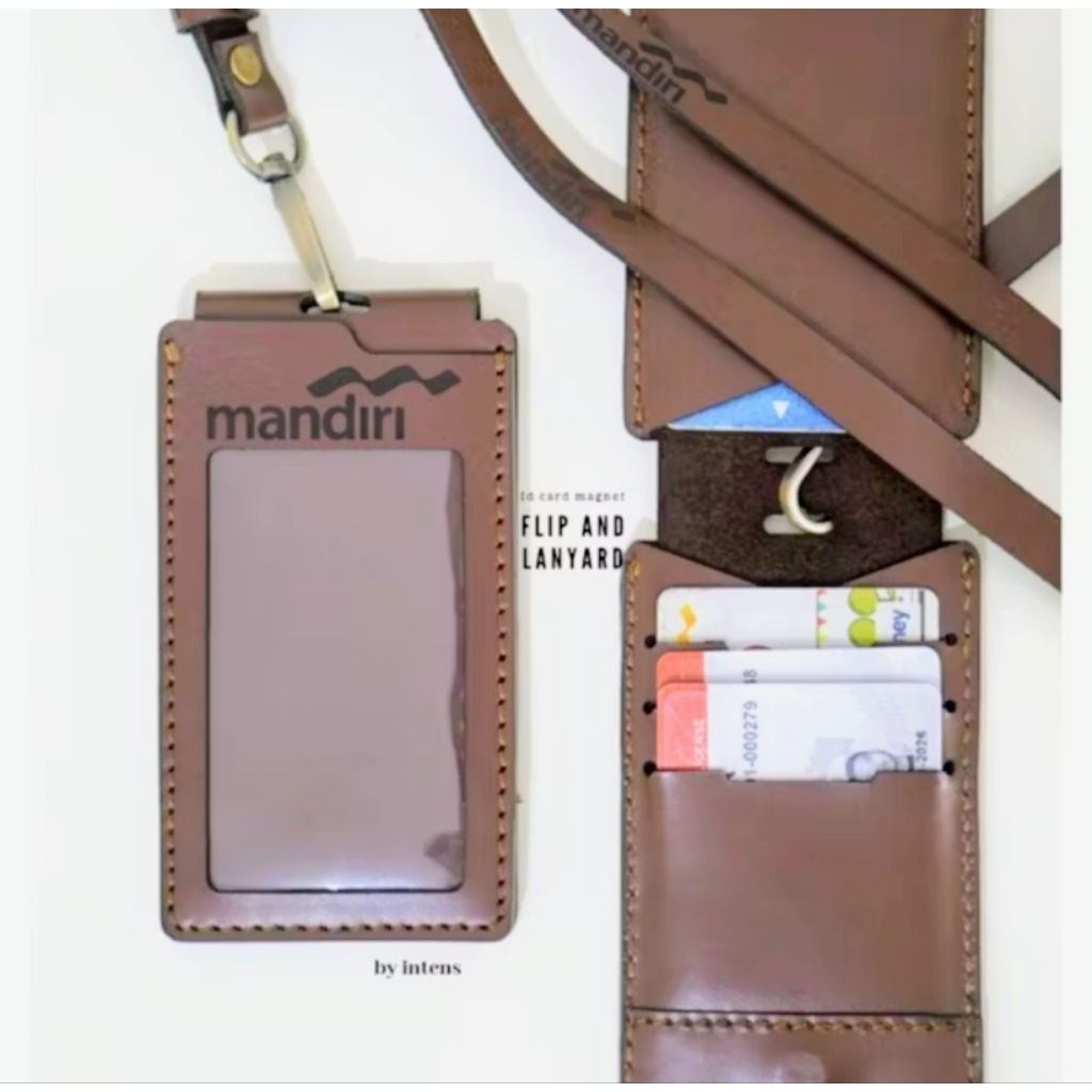 Gantungan id card holder kulit name tag kulit magnet lanyard kulit cutom id card kulit magnet