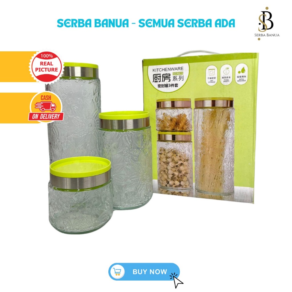 Toples kaca cantik set isi 3 NB / toples lebaran / toples kue kaca tebal