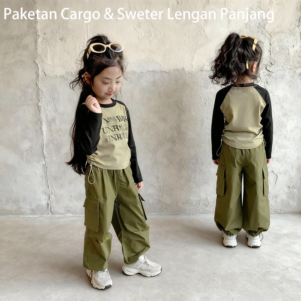 Setelan anak perempuan | Cargo dan kaos | Korean style | Olahraga