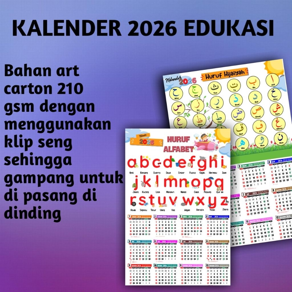 kalender 2026 edukasi lengkap alfabet huruf hijaiyah +gantungan klip seng