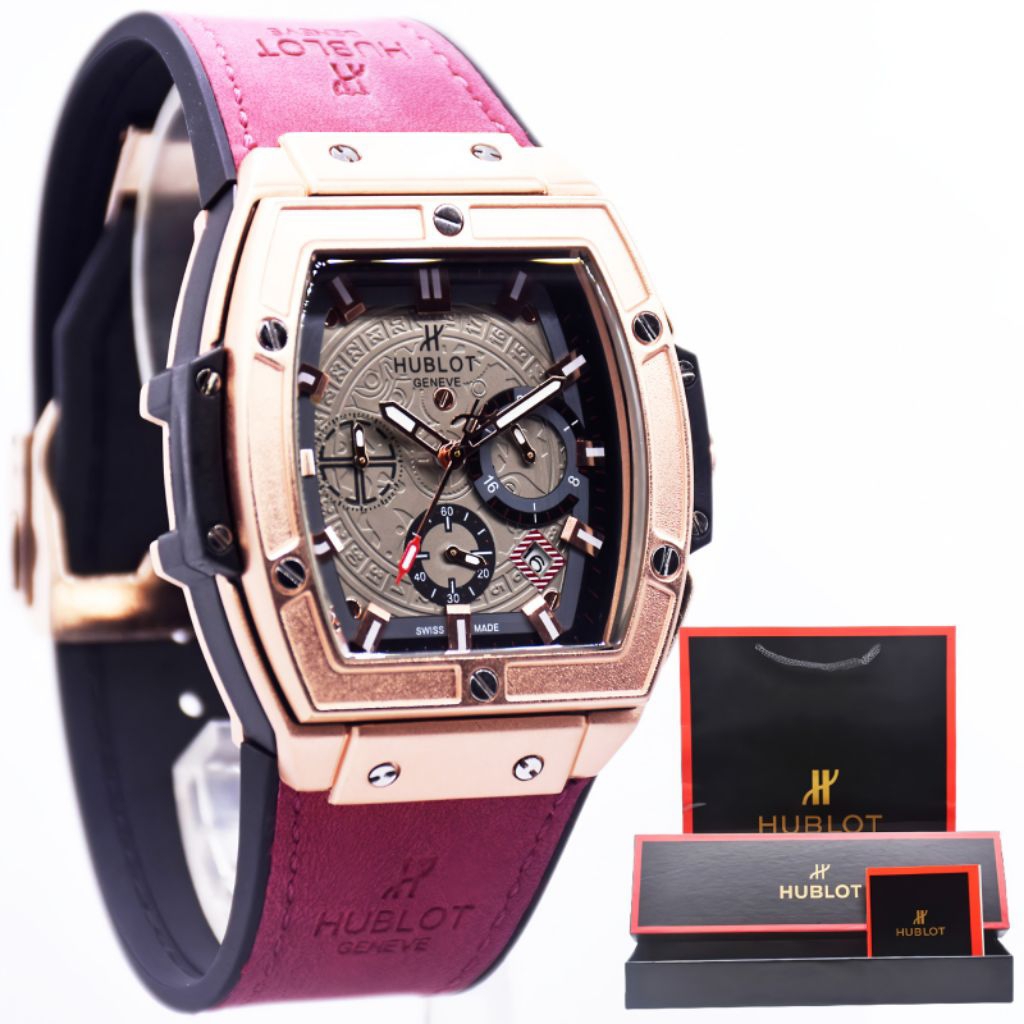 Jam Tangan Pria HUBLOT Analog Cronograph Aktif & Tgl Aktif Leather Strap Fullset