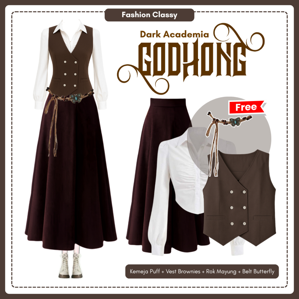 [Hijab Frendly] Yearbook Dark Academia Style | Kemeja Puff + Vest + Rok Maryung + Belt | FCL004
