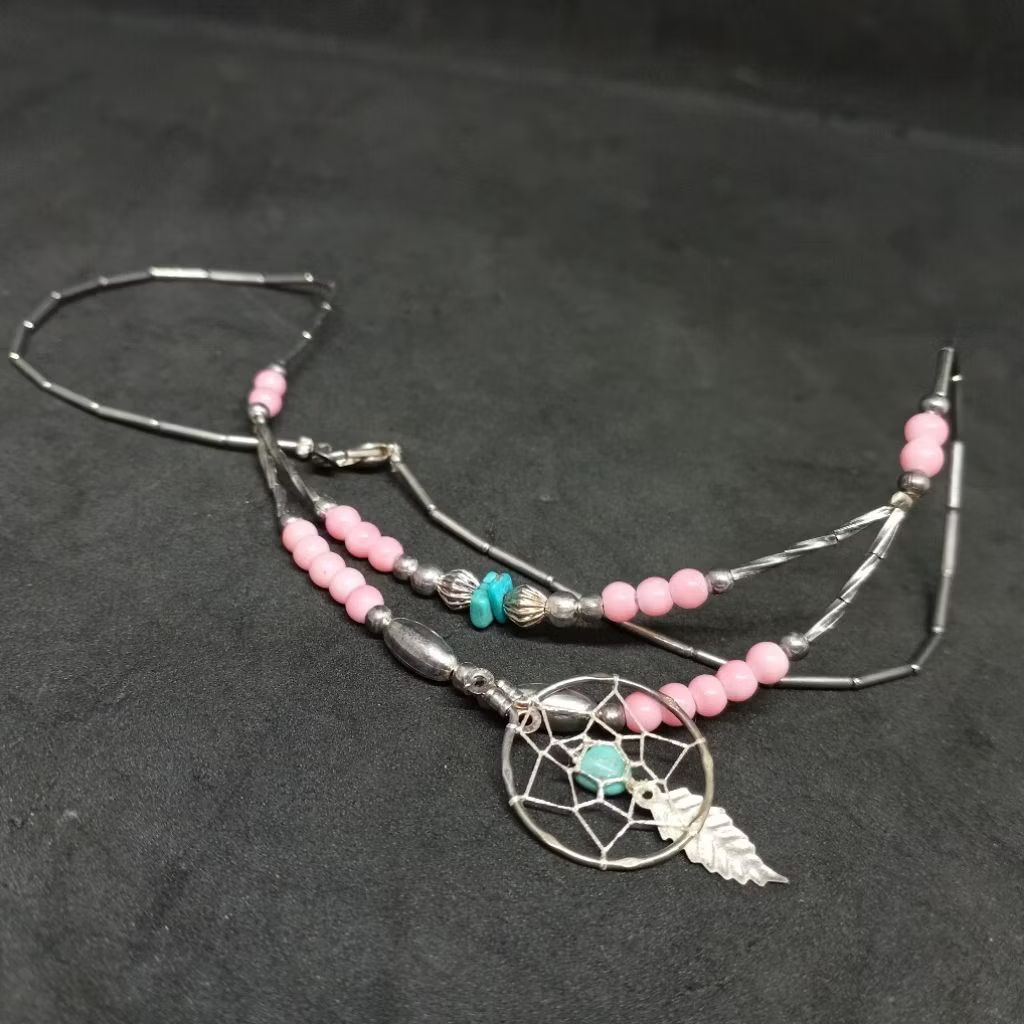 Kalung Etnik Dream Catcher Bulu Liontin Batu Biru