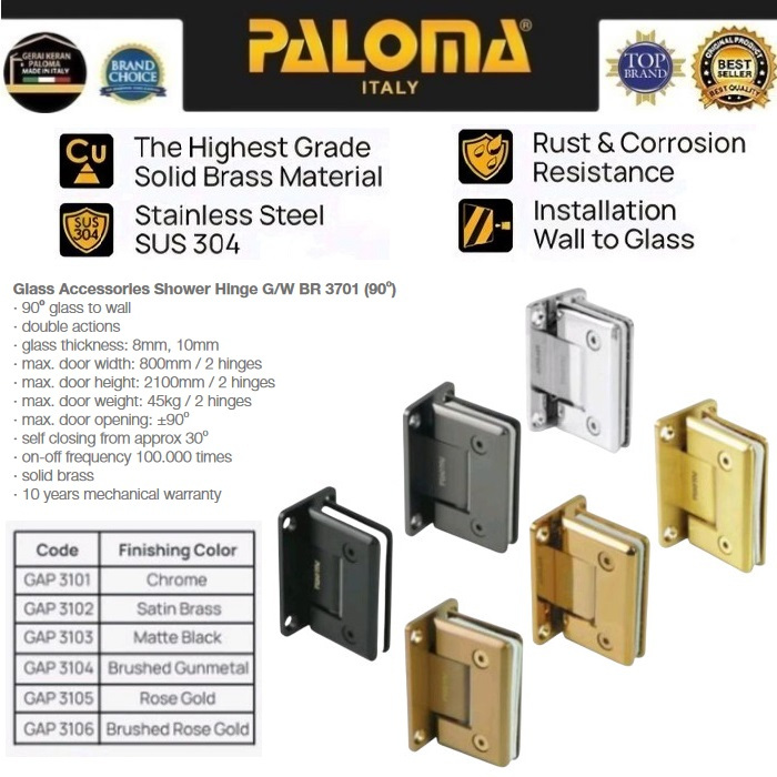 PALOMA GAP 3101 3102 3103 3104 3105 3106 Shower Box Engsel Pintu Kaca Kamar Mandi 90° Satin Gold Mat