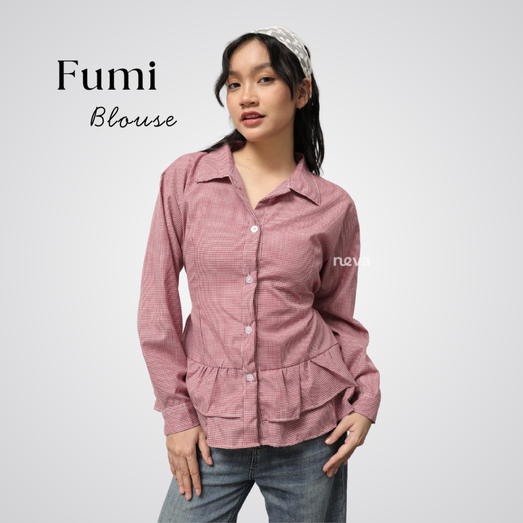 Neva Style - Fumi Blouse Motif Kotak Kotak / Atasan Wanita Ruffle Korean Style / Kemeja Top Fit Body