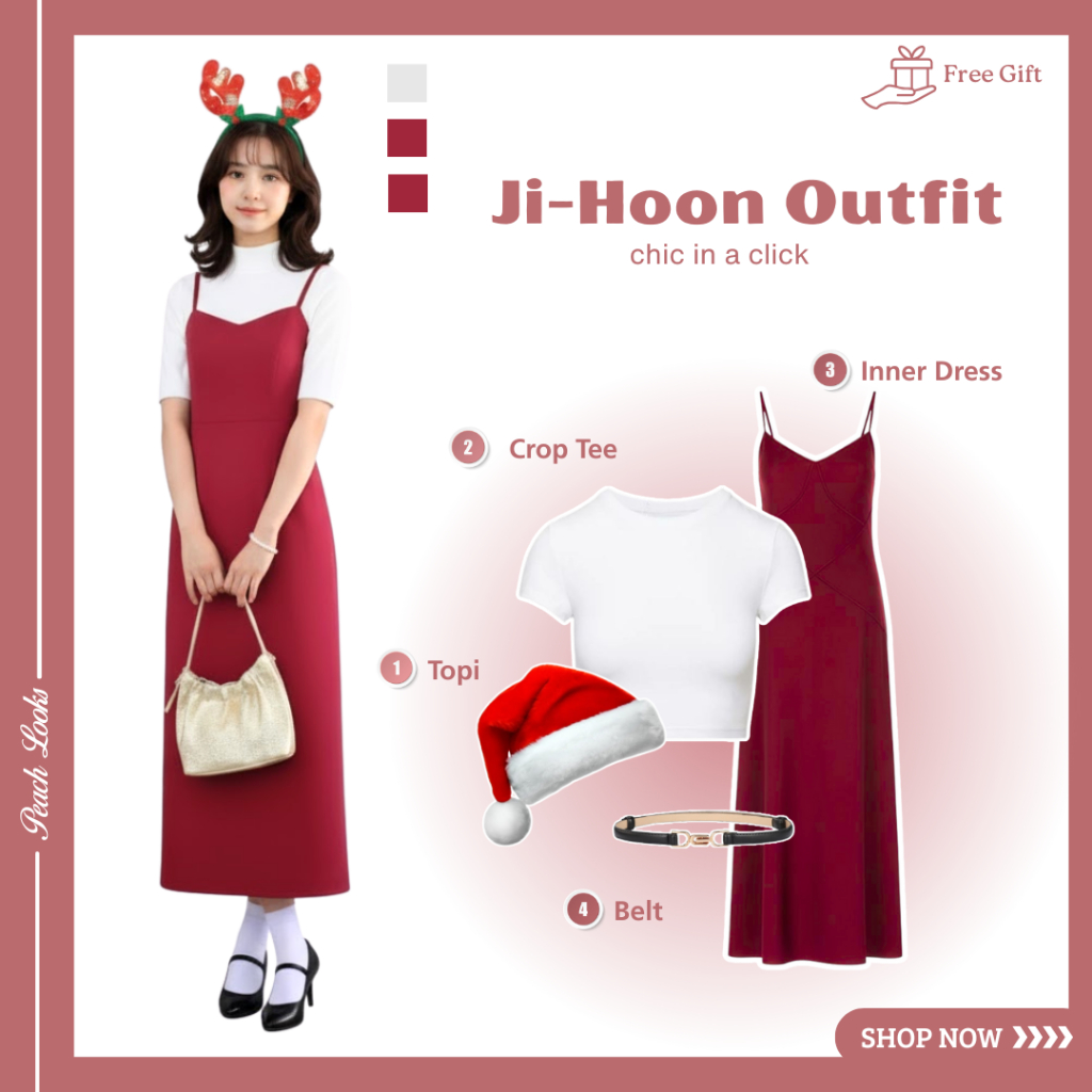 One Set Ji-Hoon Outfit ( Crop Tee + Inner Dress + Topi + Belt) Ootd Korean Style Fashion Wanita Hits