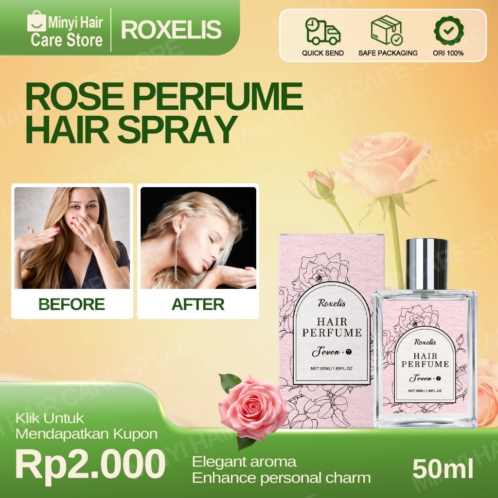 Roxelis Rose Perfume Hair Spray 50ml Parfum Semprot Rambut (Aroma Mawar) Aroma Tahan Lama Ringan & T