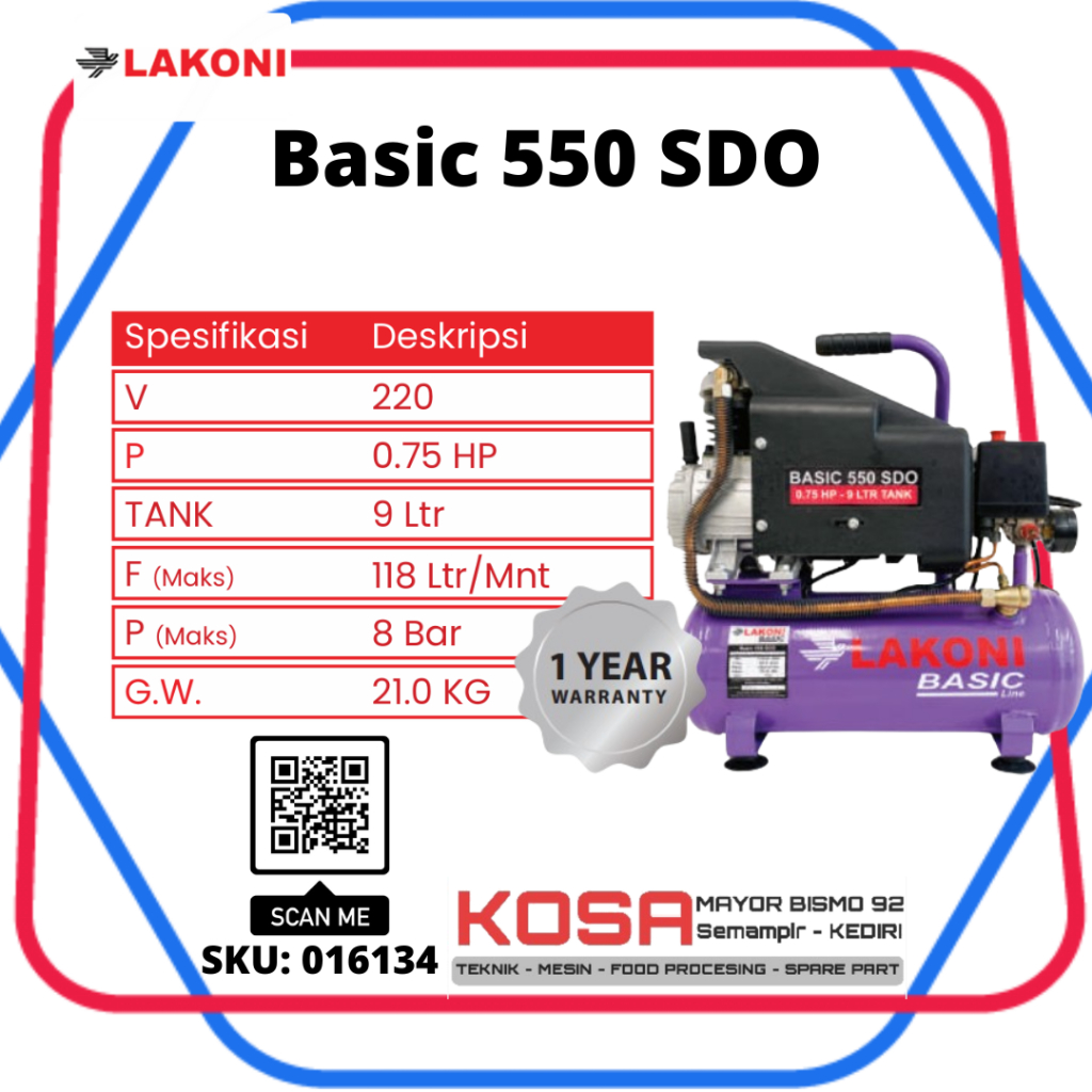 LAKONI BASIC 550 SDO Kompresor Angin 9L LAKONI BASIC 550 Kompresor Oli LAKONI 3/4Hp 9L LAKONI Kompre