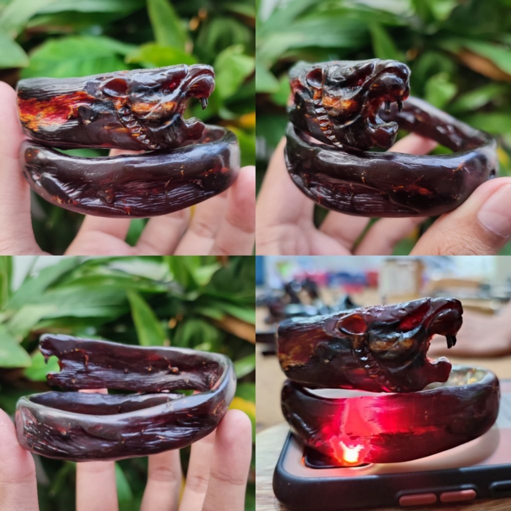 Gelang Akar Bahar Merah Tembus Cahaya Ukir Macan Asli Berkualitas / Akar Bahar Asli