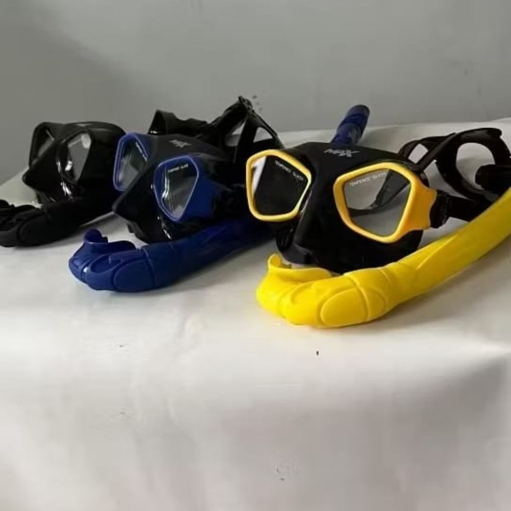 Masker Snorkeling Set Dewasa Lensa Tempered Glass Snorkel Diving Anti Bocor Kuning Biru Hitam. Kacam