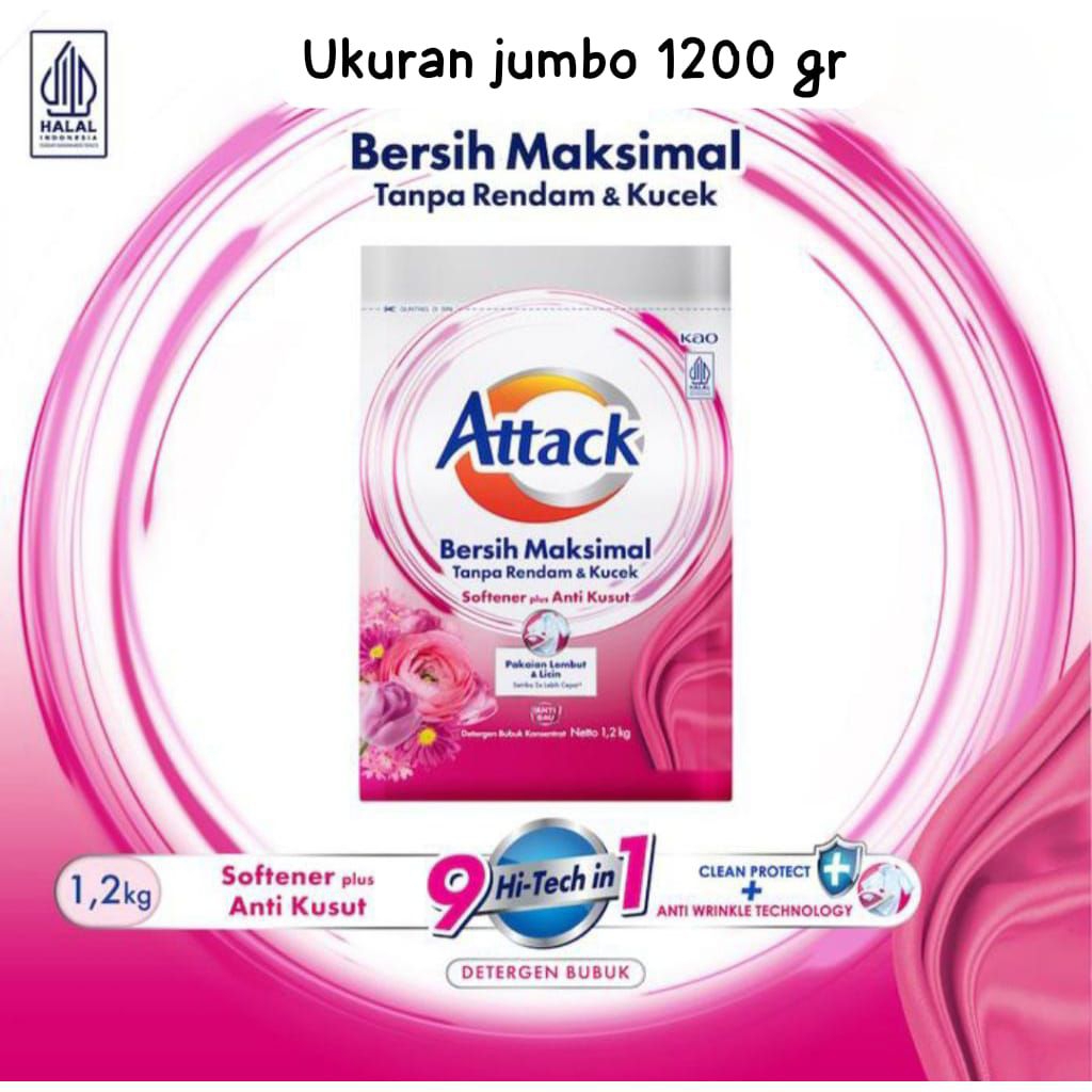 ATTACK Detergen Bubuk Ukuran Jumbo 1200 gr Bersih Maksimal Tanpa Rendam dan Kucek