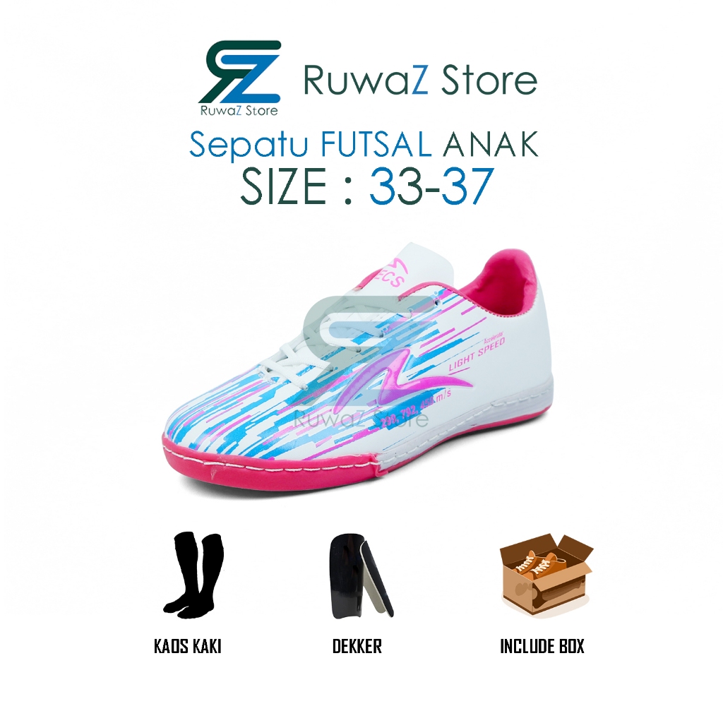333389 SEPATU FUTSAL ANAK JUNIOR SPECS FUTSAL LIGHTSPEED ACCELERATOR REBORN PUTIH PINK RAINBOW SOL K