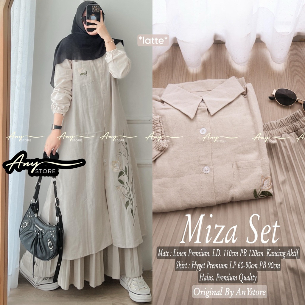 ready MIZA ANY setelan atasan midi dres linen dan rok plisket hyget elegan di gunakan