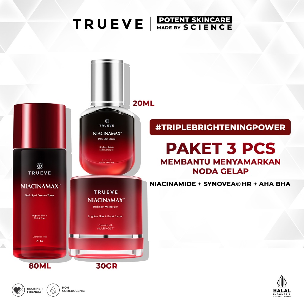 [PAKET 3 PCS] TRUEVE Niacinamax™ Dark Spot Serum , Moisturizer , Toner (Niacinamide, Synovea, AHA, B