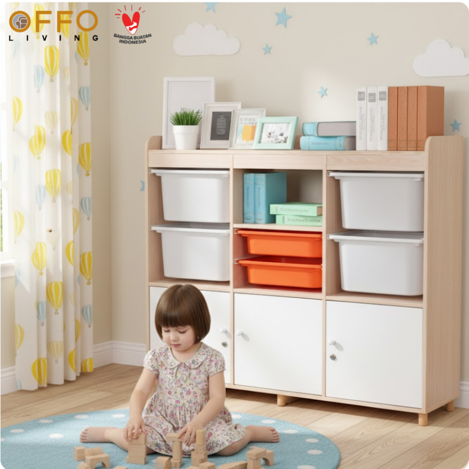 Offo Living - Rak Penyimpanan Mainan Anak Kotak Penyimpanan Multifungsi Kayu Solid - Rak serbaguna 2