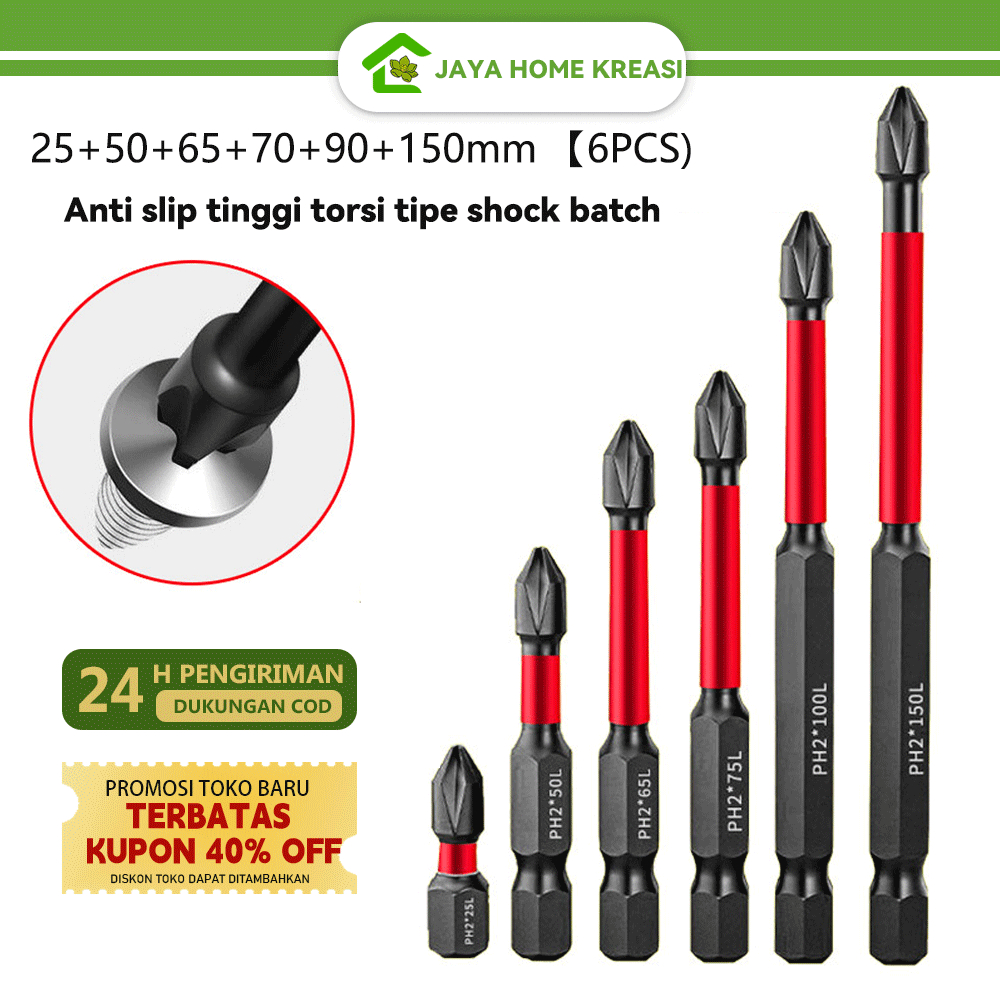 6pcs Mata bor Obeng Magnetik Set kepala mata obeng set Baja 1/4 Inci Bit 25-150mm Set