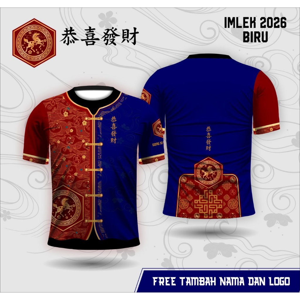 Baju imlek cheongsam pria kaos jesey imlek shio kuda api 2026 free custom