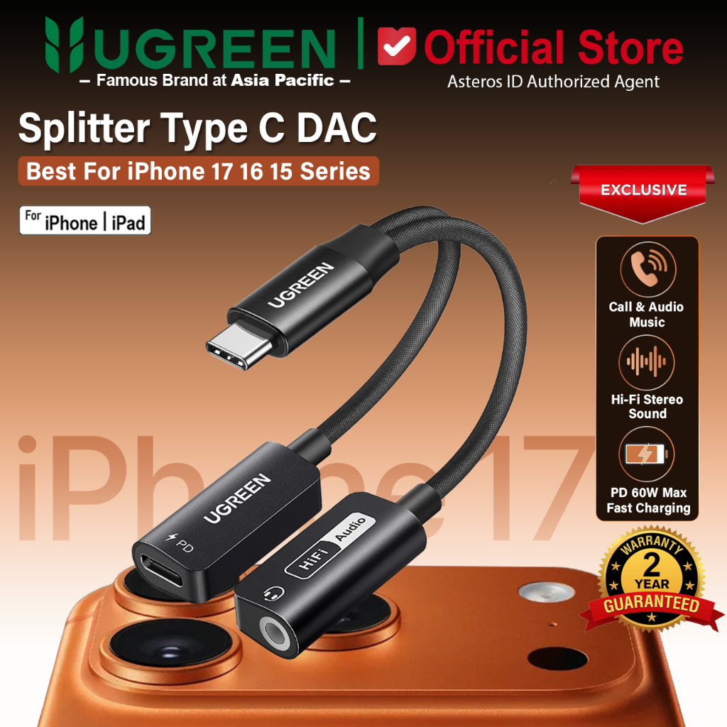 UGREEN Converter Splitter iPhone 17 16 15 Pro Max Type C to Jack 3.5mm Dac Support Audio Open Mic + 