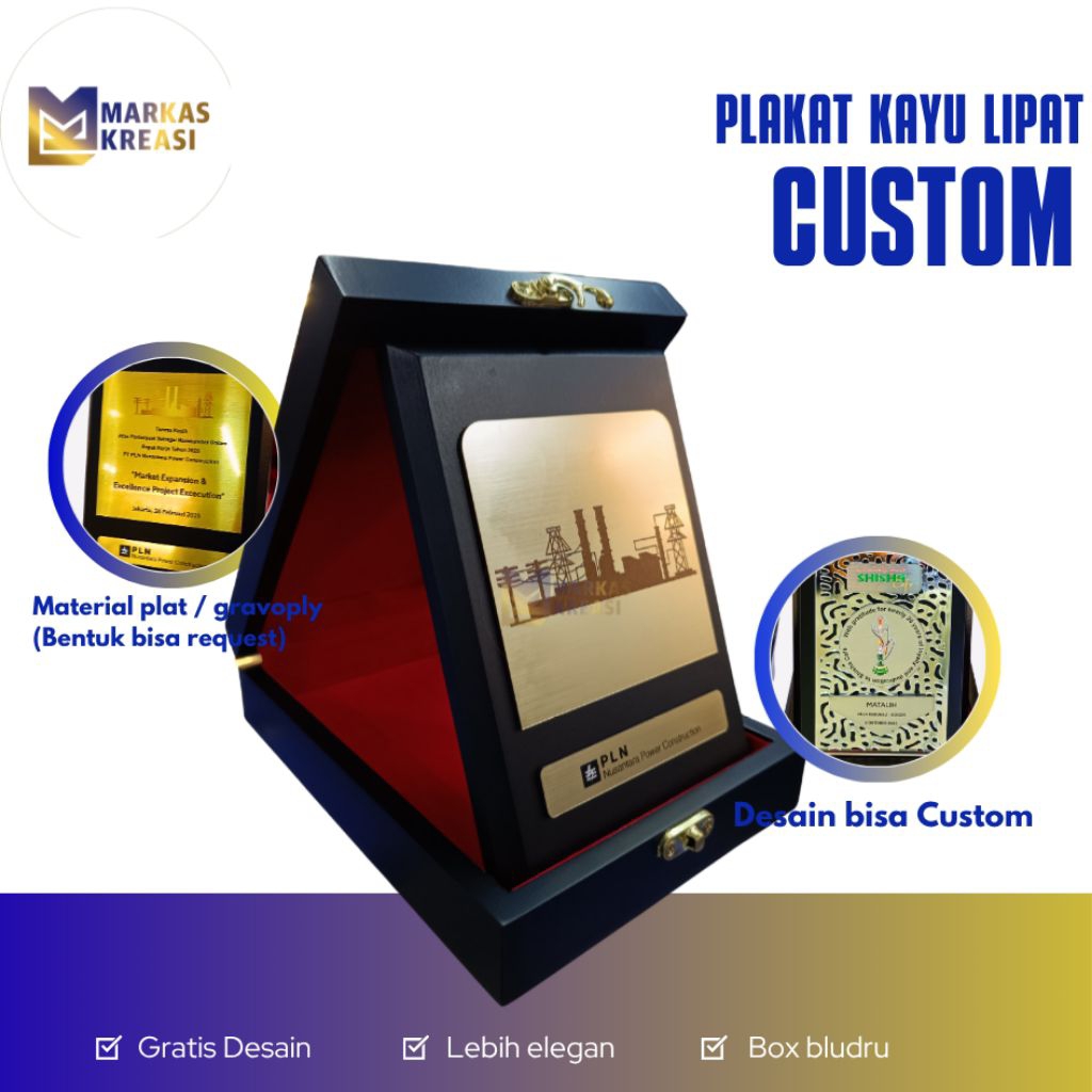 Plakat Kayu Lipat Custom + Plat/Akrilik, Plakat Kenang kenangan, Plakat Penghargaan