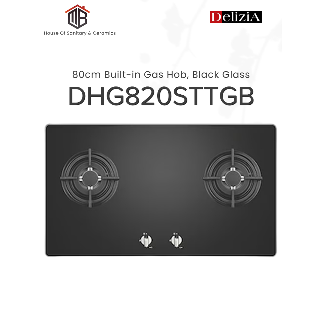 DELIZIA Kompor Tanam 80 Cm DHG820STTG(B), 2 Pembakar Gas