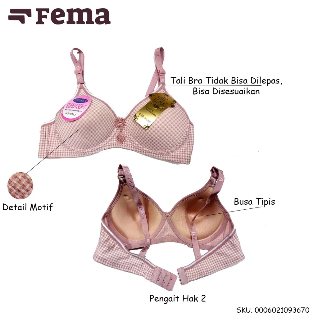 Bra FEMA 9367 uk 34 - 40 Tanpa Kawat Kait 2 Busa Tebal