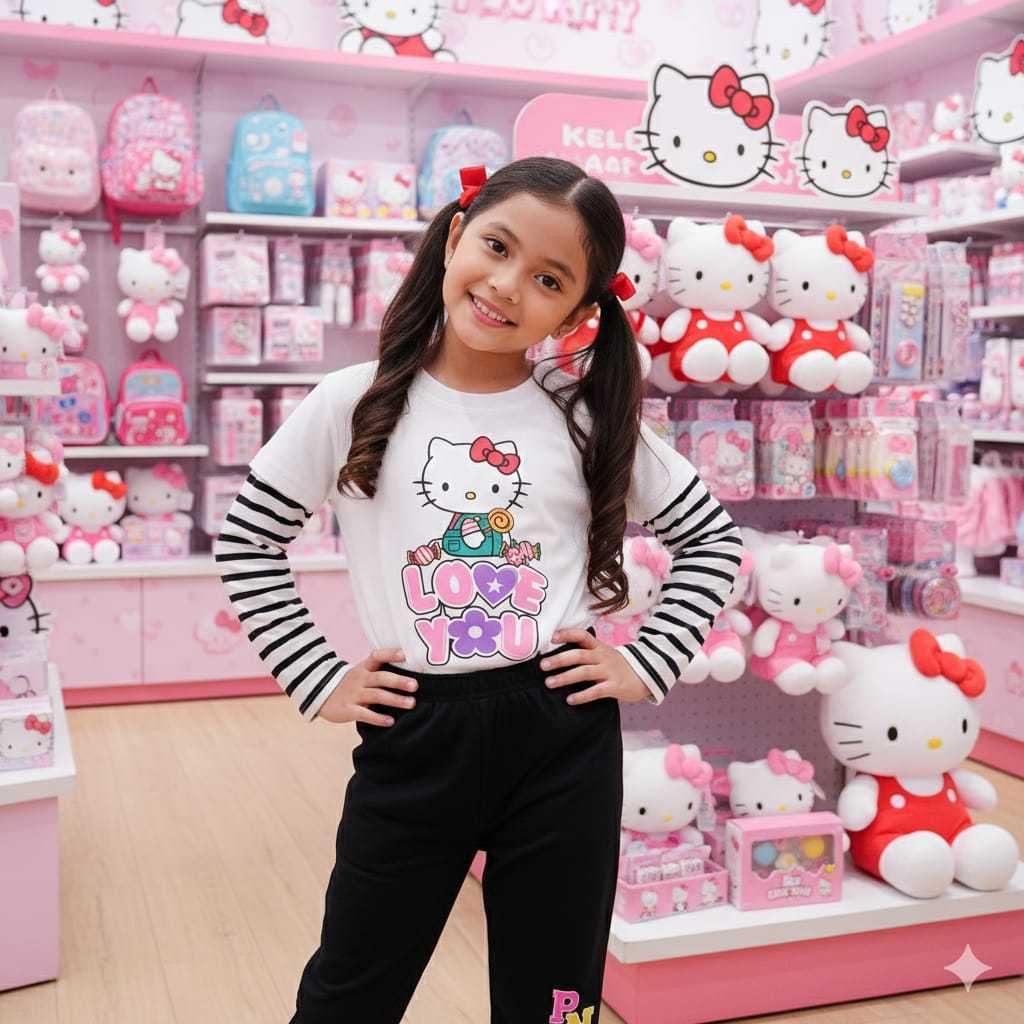 Atasan Dan SET LP Baju Viral Anak Kaos Lengan Kombinasi Salur Anak Perempuan Kity Lv U Cln DTF Pink