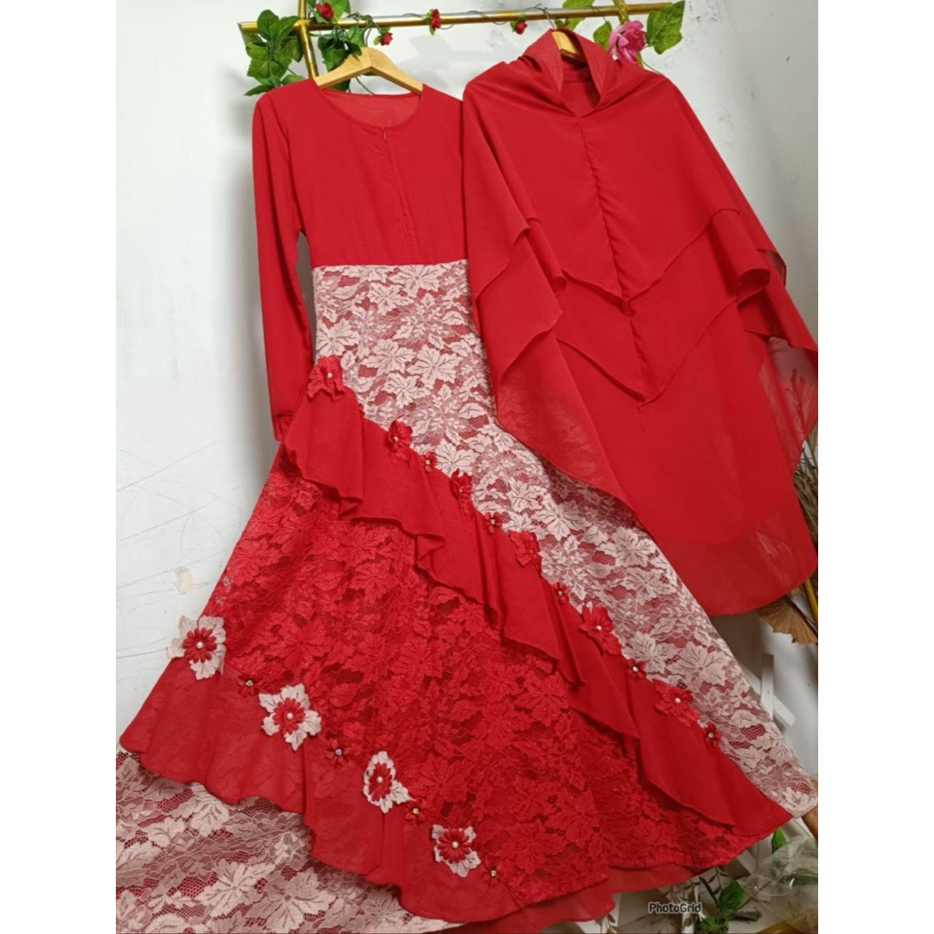 Gamis Syari Rianna Wanita Muslimah Brukat Brokat Kombinasi Ceruty Premium Merah Maroon Full Furing J