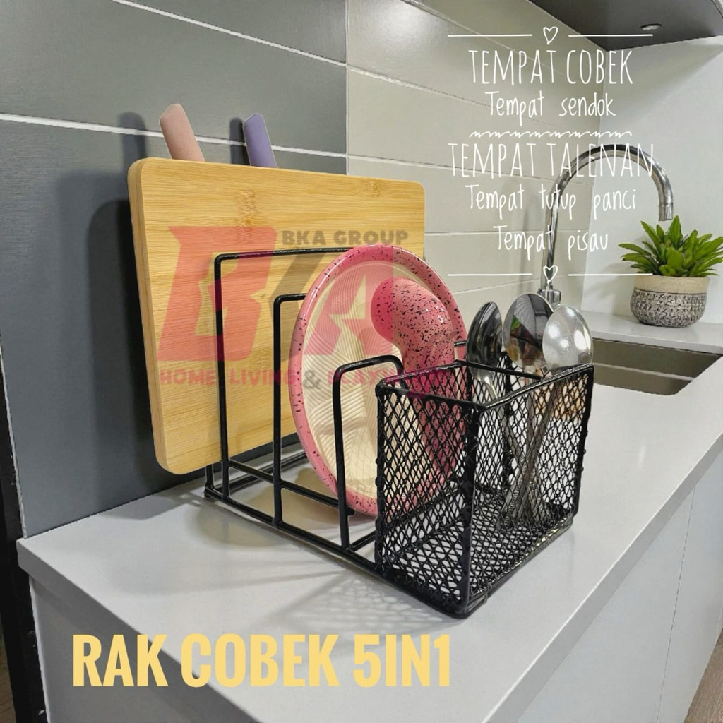 Rak Cobek 5in1 Anti Karat Multifungsi untuk Sendok Talenan Tutup Panci & Pisau Bahan Besi Mewah Hema