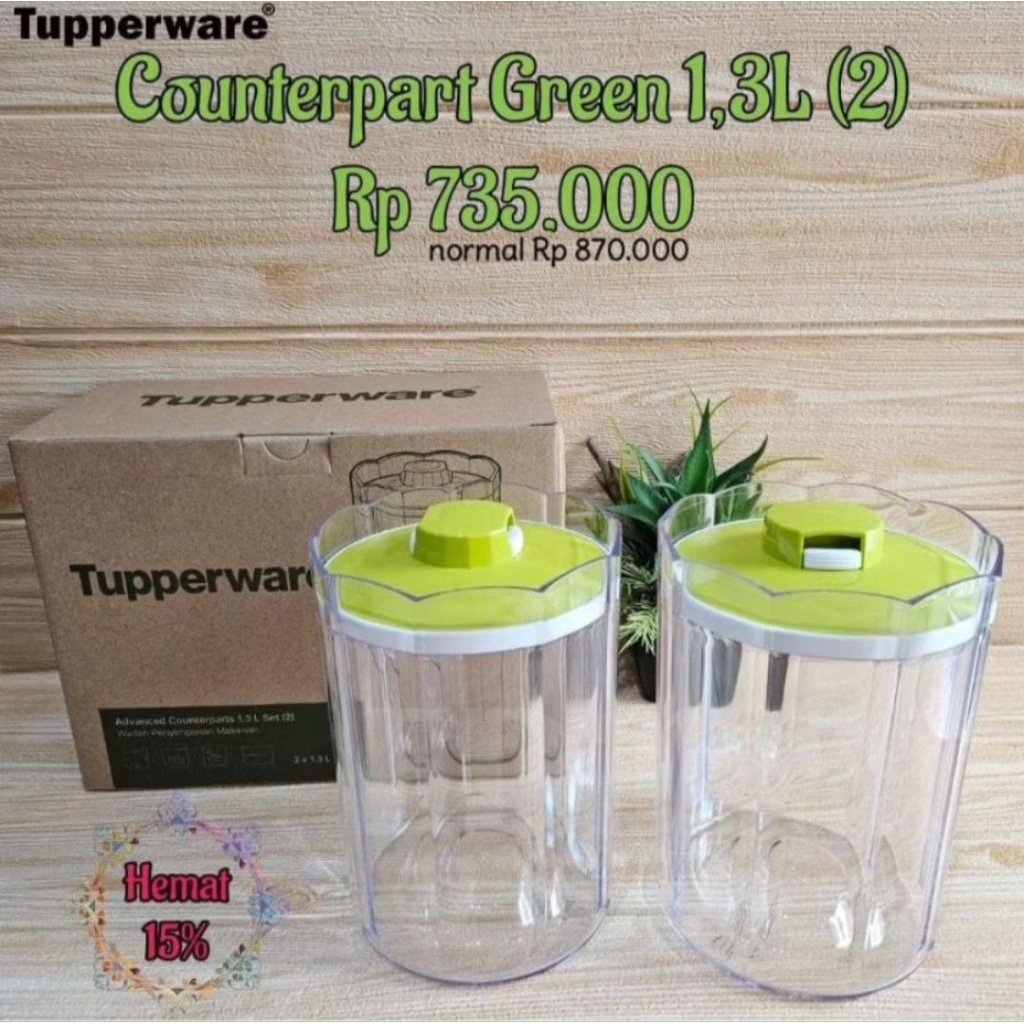 2 PCS Toples Advanced Counterpart  Bening Tutup Hijau 1,3 L Tupperware baru dan ori