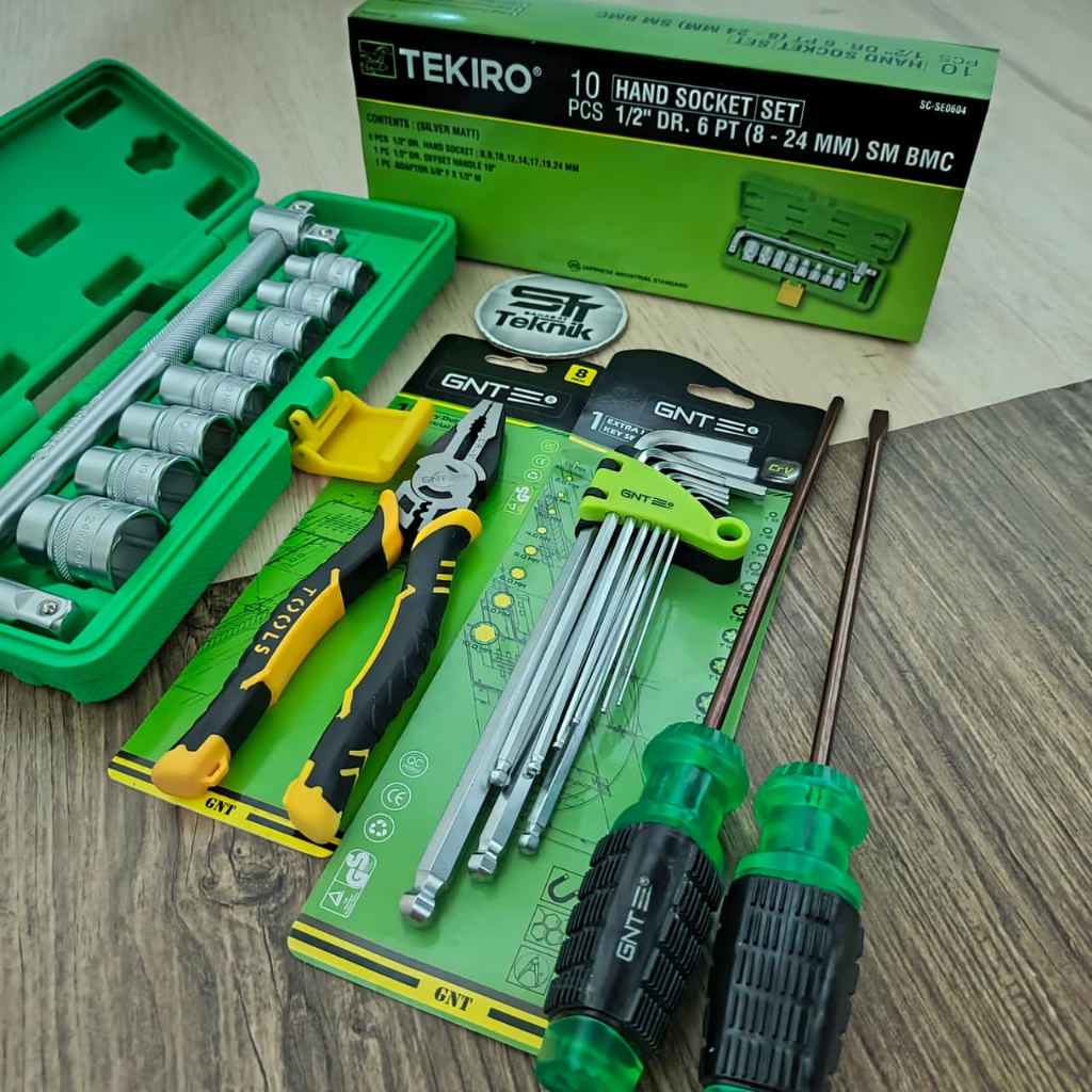 TEKIRO Paket 4 Set  Kunci Shock 10pcs + tang kombinasi 8inc + L 9pcs + Obeng 2pcs GNT