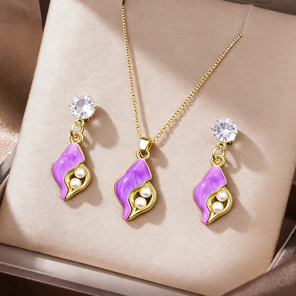 [HARGA TERBAIK] GR Kalung & Anting Mewah Keong Laut Ungu – Perhiasan Alloy & Mutiara