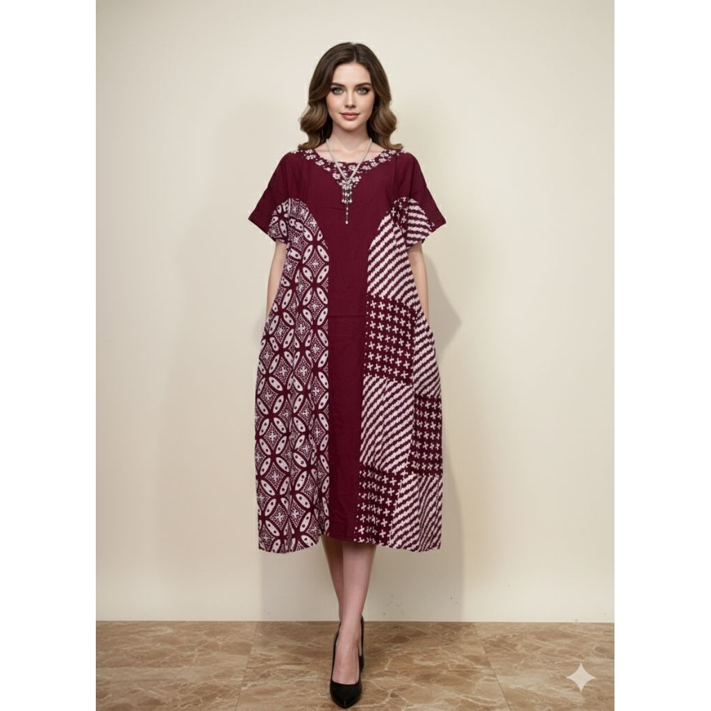 Daster murah kelelawar maroon batik rayon halus tebal marun adem baju santai wanita jumbo kekinian k